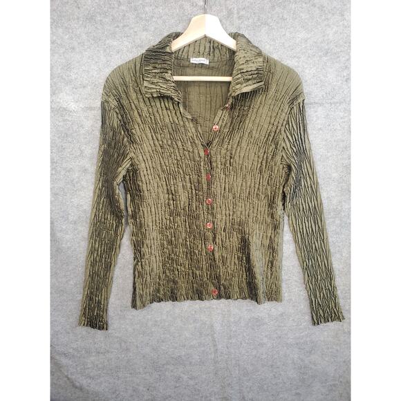 Jolie Mine Size Medium Olive Green Button Up Crinkle Blouse Made In France - Picture 1 of 6